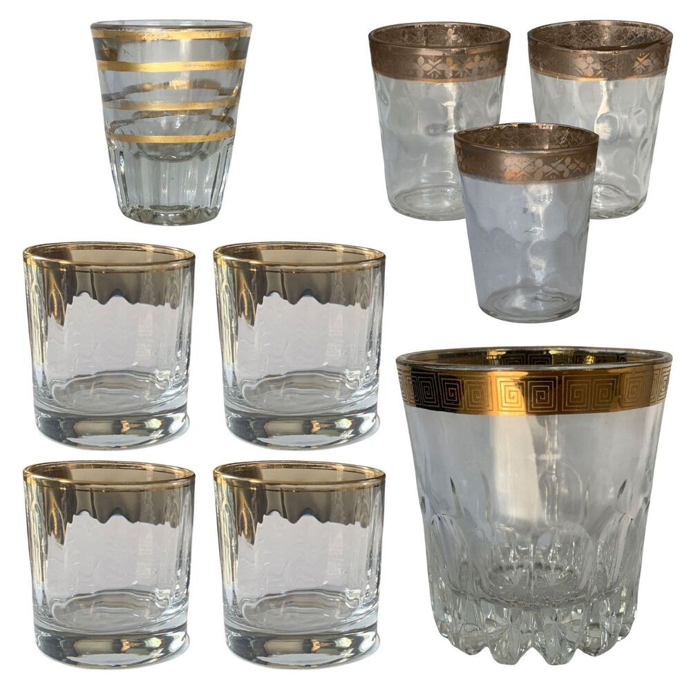 Vintage Mid-Century Modern Gold-Rimmed Barware Set - Mixed Lot of 9